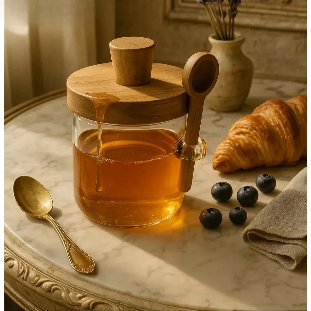 Glass Honey Jar with Wooden Lid & Spoon