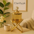 Golden Crystal Jar with Stand – Elegant Home & Tabletop Decor