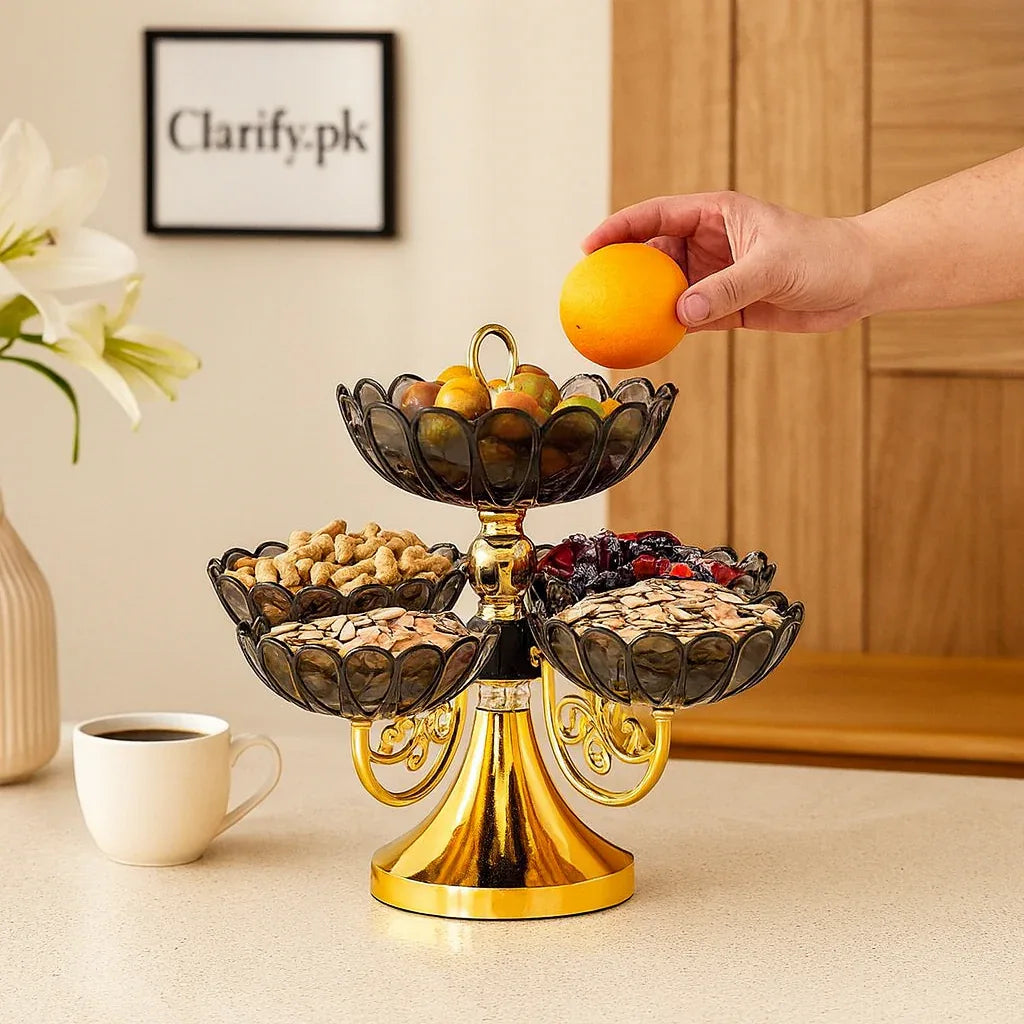 Plastic Dry Fruit Tray with Elegant Gold Stand