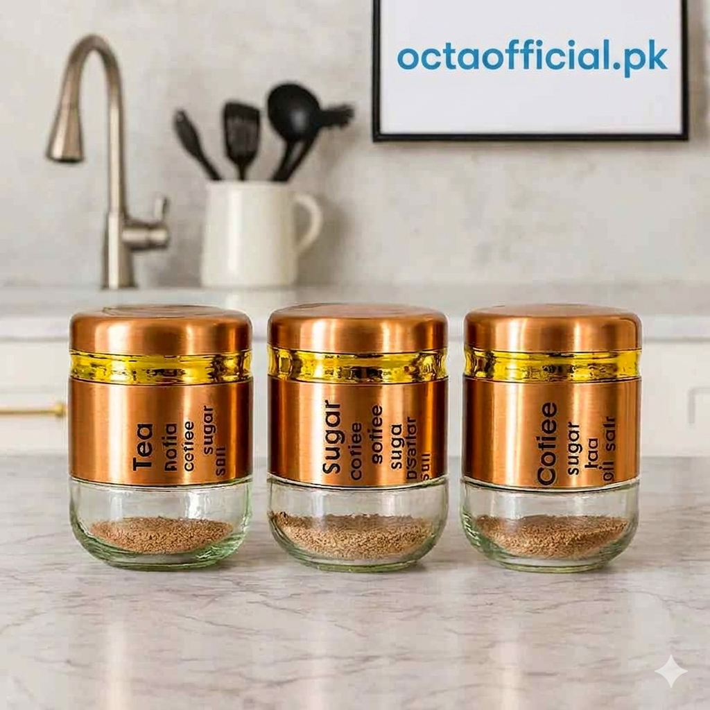 3-Piece Glass Storage Jar Set – Tea, Sugar & Coffee