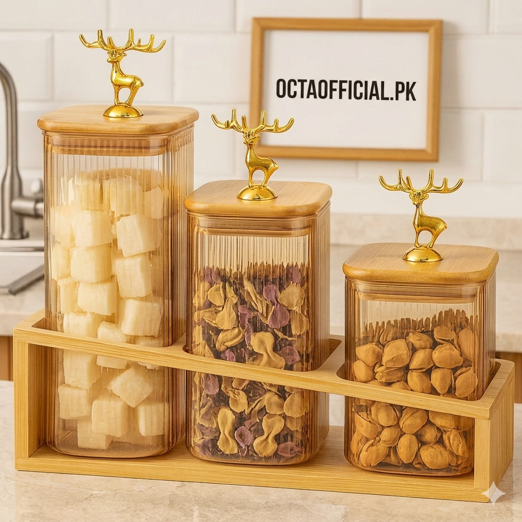 3-Piece Glass Jar Set with Wooden Stand – Elegant Kitchen Storage