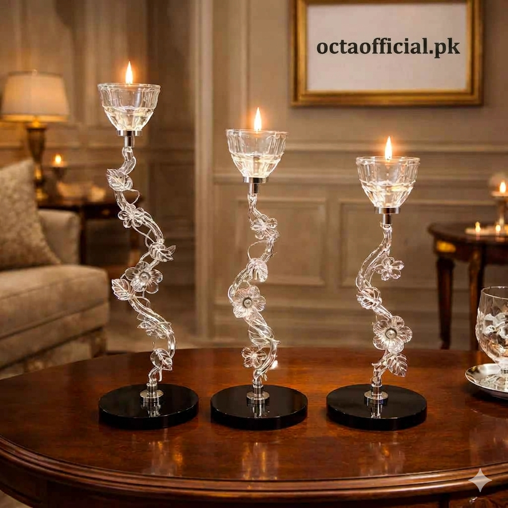 3-Piece Floral Silver & Crystal Metal Candle Stand Set