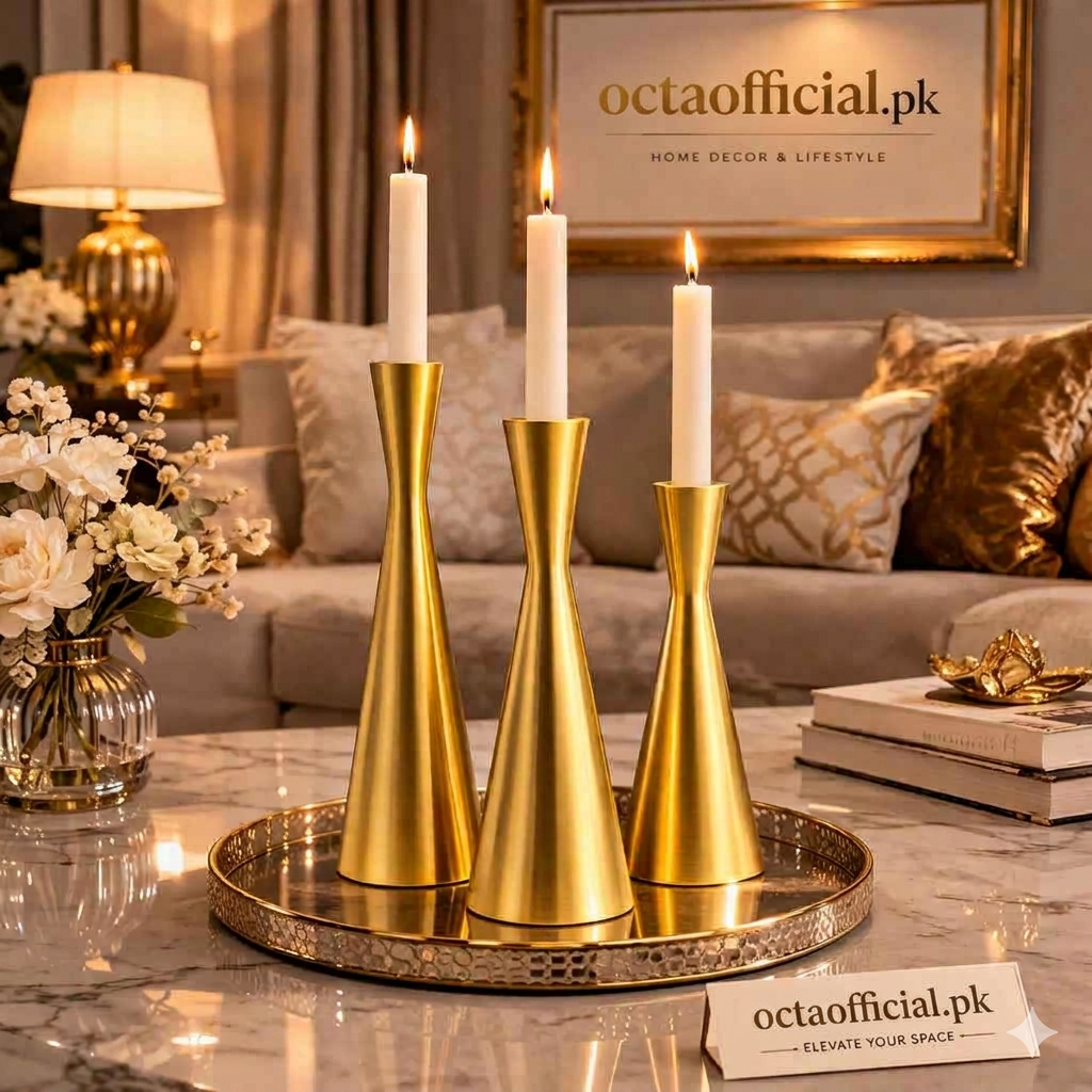 3-Piece Antique Gold Metal Taper Candle Stand Set