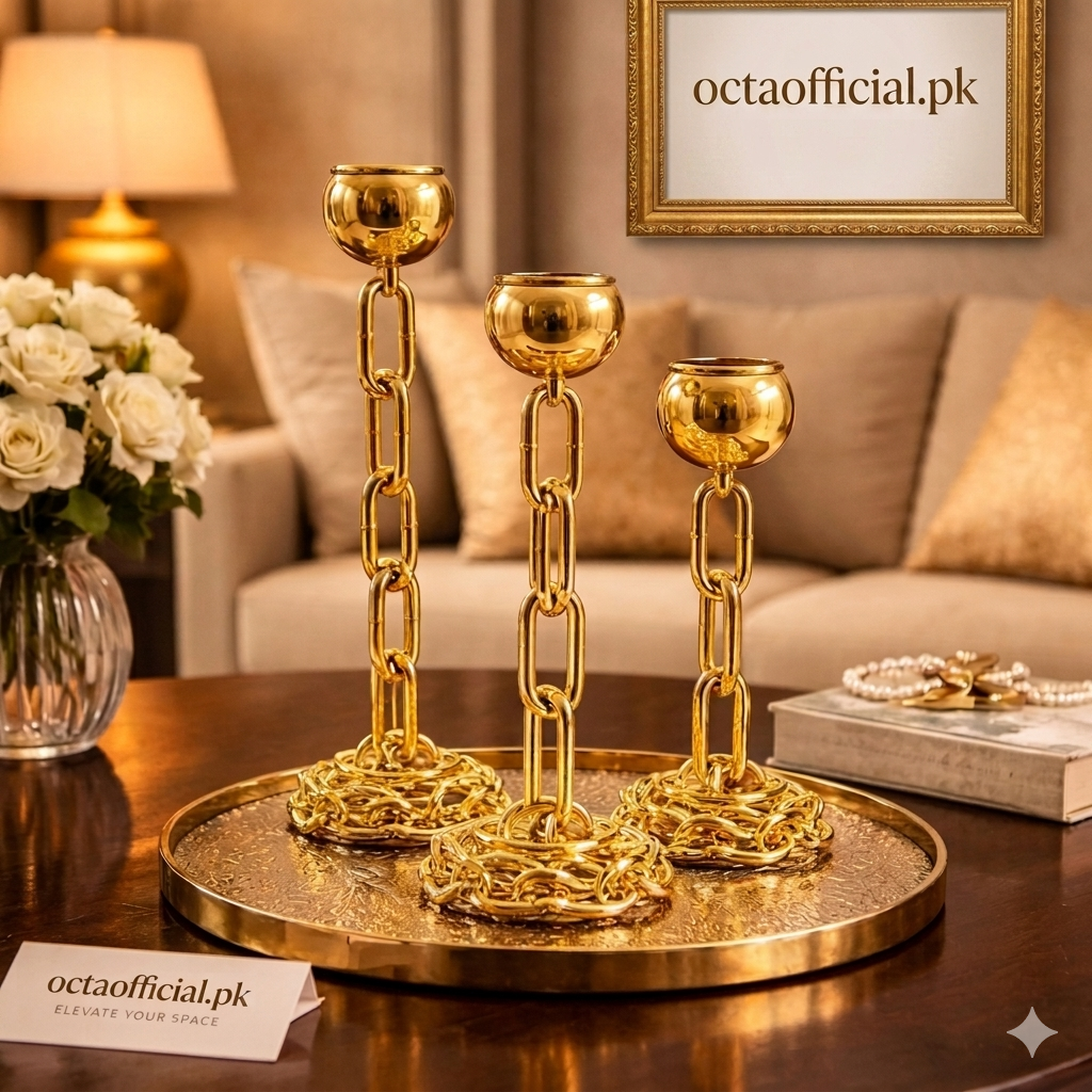 3-Piece Industrial Gold Chain Metal Candle Stand Set