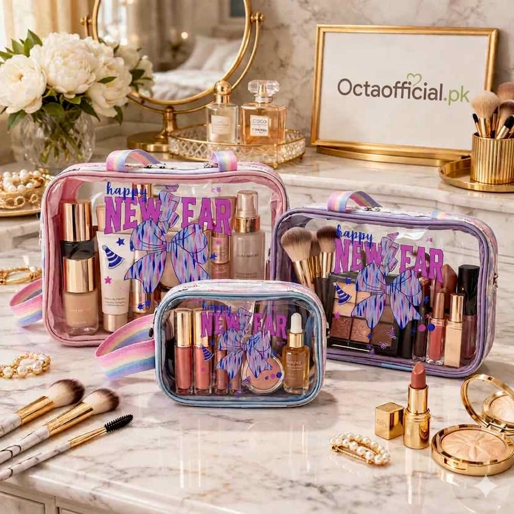 3-Piece New Year Cosmetic Organizer Set – Luxury Toiletry & Makeup Travel Bag Trio (Random Design)