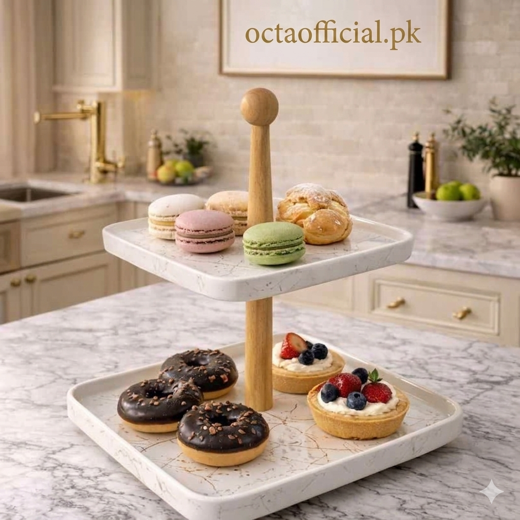 2-Tier White Marble Print Tray - Luxury Serving Stand