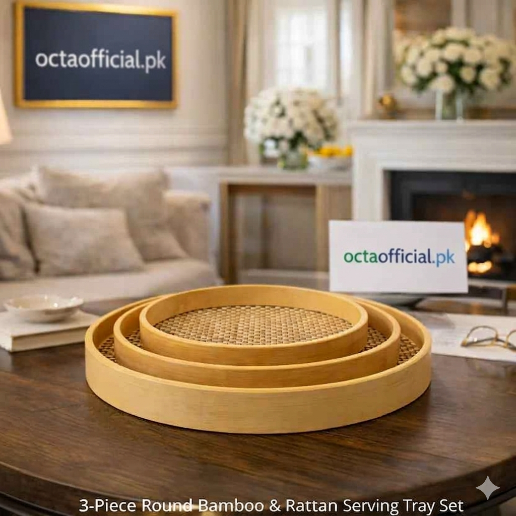 3-Pc Round Bamboo & Rattan Serving Tray Set – Handwoven Decorative Platters