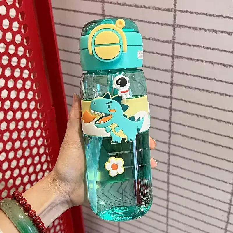 600ml Kids Water Bottle with Straw - Cute Dinosaur & Unicorn
