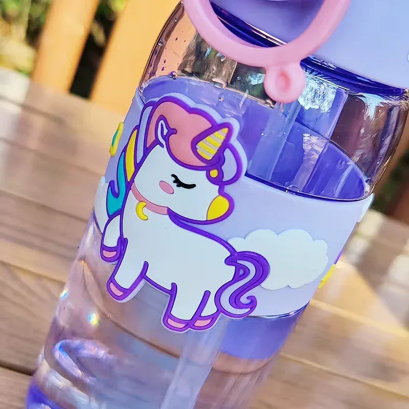 600ml Kids Water Bottle with Straw - Cute Dinosaur & Unicorn