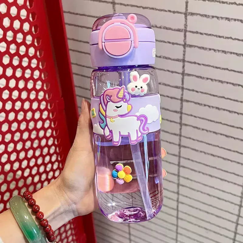 600ml Kids Water Bottle with Straw - Cute Dinosaur & Unicorn