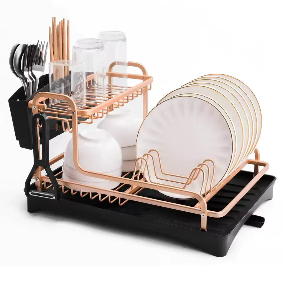Dish Drying Rack with Cutlery Holder – Rose Gold