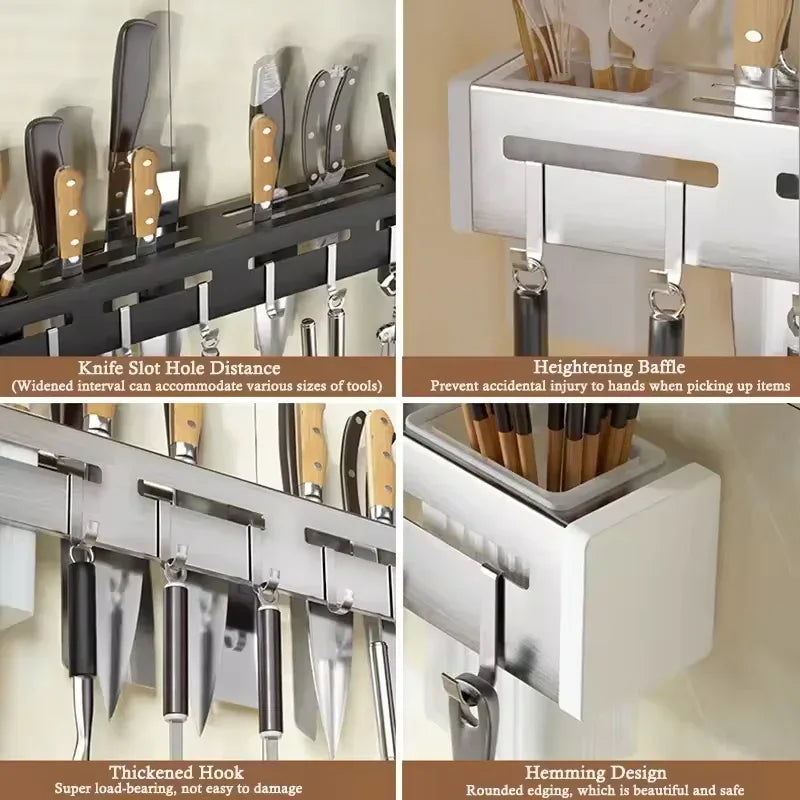 Wall Mounted Knife Holder with Utensil Hooks