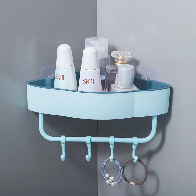 Wall-Mounted Corner Shower Shelf with Hooks