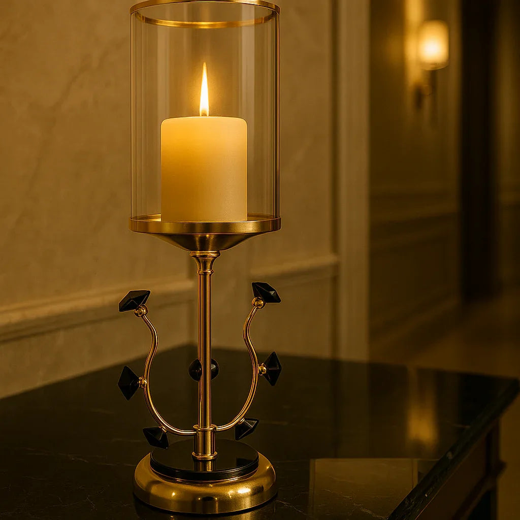 Luxury Candle Stand Gold Black with Glass Cover