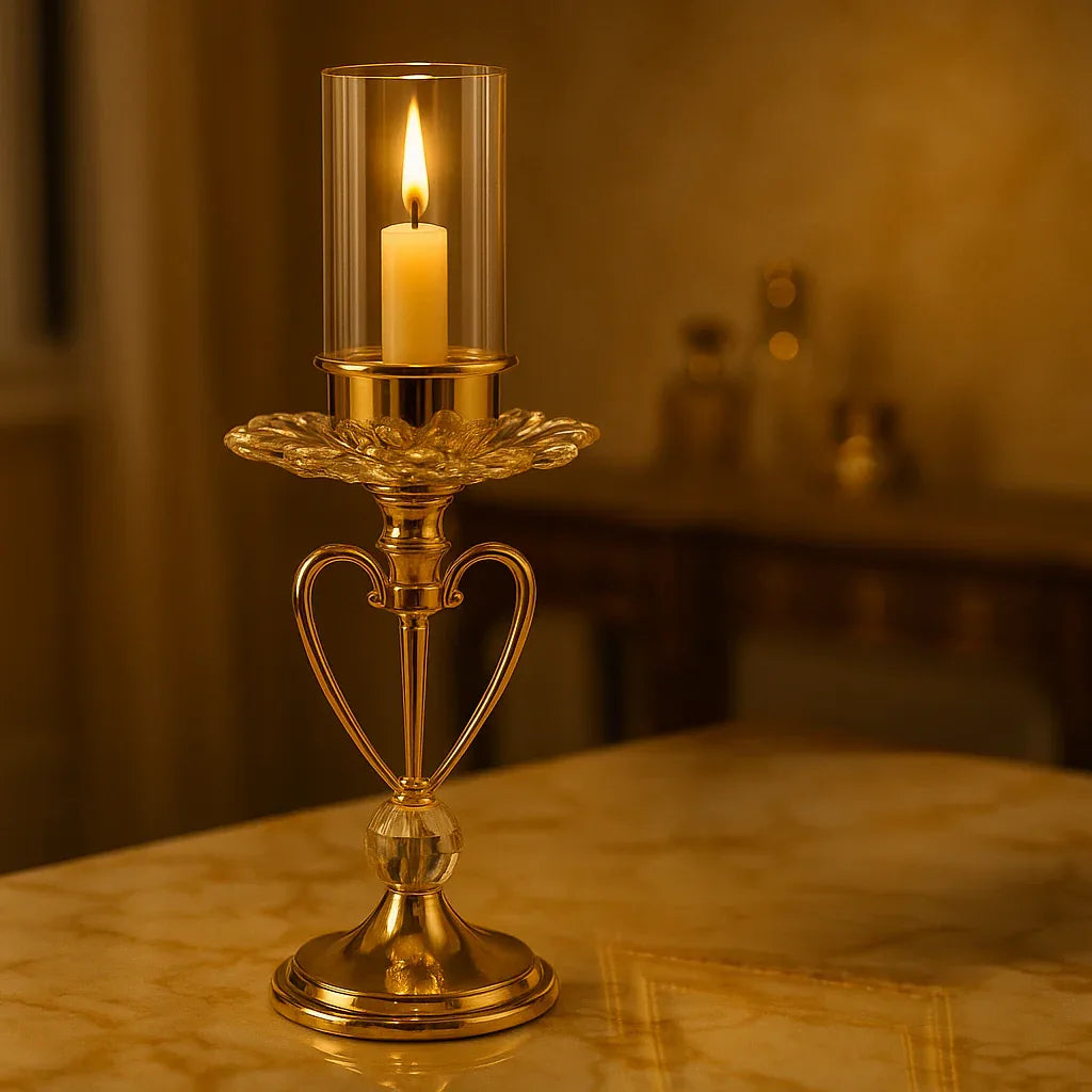 Elegant Gold Crystal Candle Holder with Glass
