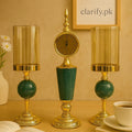 Luxury Table Clock & Candle Holder Set – Green & Gold Decorative 3 pieces