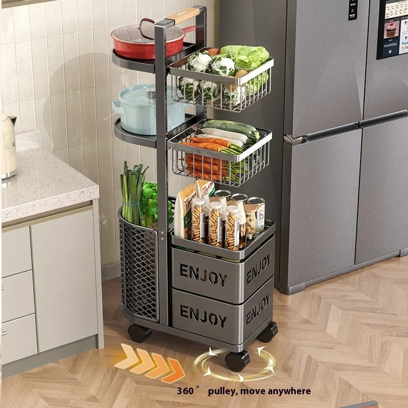 Multi-Functional Floor Standing Metal Kitchen Storage Trolley - Rolling Vegetable & Fruit Organizer with Drawer