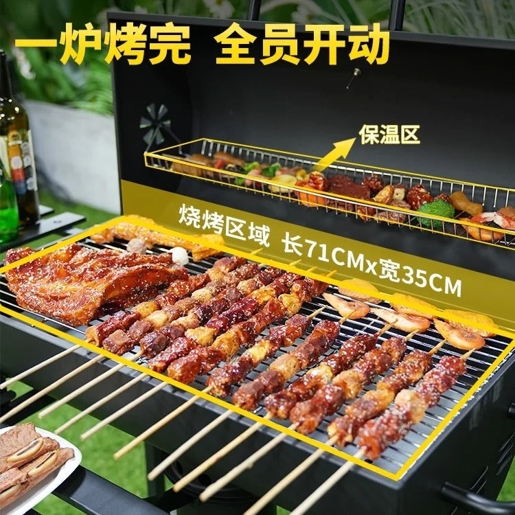 Monster Barrel BBQ Grill with Automatic Rotisserie & Skewer Station