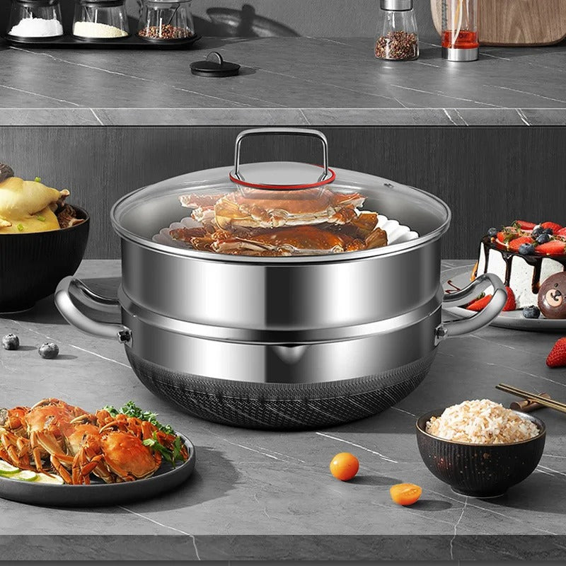 Premium Honeycomb Stainless Steel Non-Stick Cooking Pan - Professional Skillet with Tempered Glass Lid
