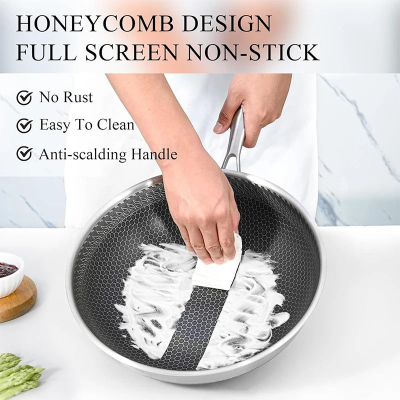 Premium Honeycomb Stainless Steel Wok Pan - Nonstick Large Deep Stir Frying Skillet