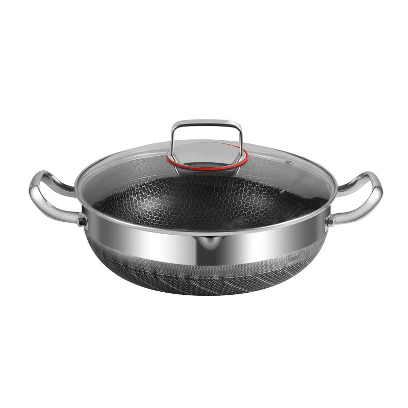 Premium Honeycomb Stainless Steel Non-Stick Cooking Pan - Professional Skillet with Tempered Glass Lid