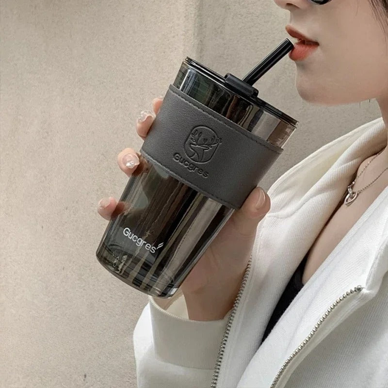 Gucgres Luxury Glass Tumbler - Modern Sipping Cup with Insulated Leather Sleeve & Straw (RANDOM COLOR)