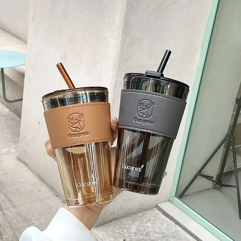 Gucgres Luxury Glass Tumbler - Modern Sipping Cup with Insulated Leather Sleeve & Straw (RANDOM COLOR)