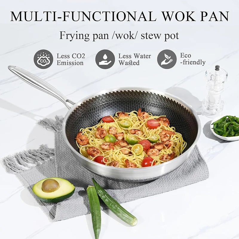 Premium Honeycomb Stainless Steel Wok Pan - Nonstick Large Deep Stir Frying Skillet