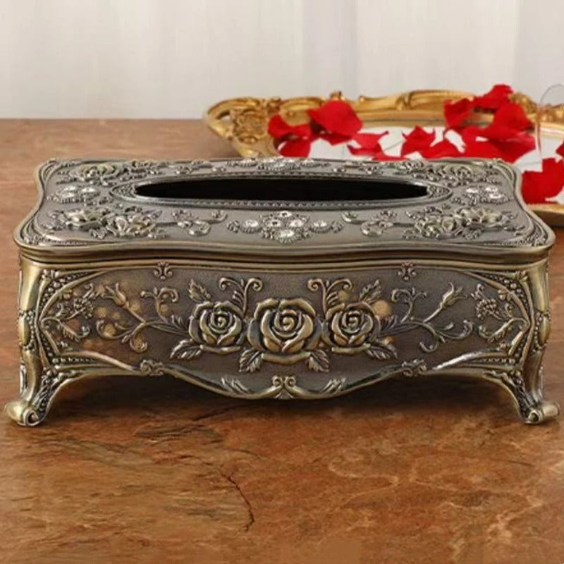 Royal Antique Metal Tissue Box – Vintage Floral Centerpiece