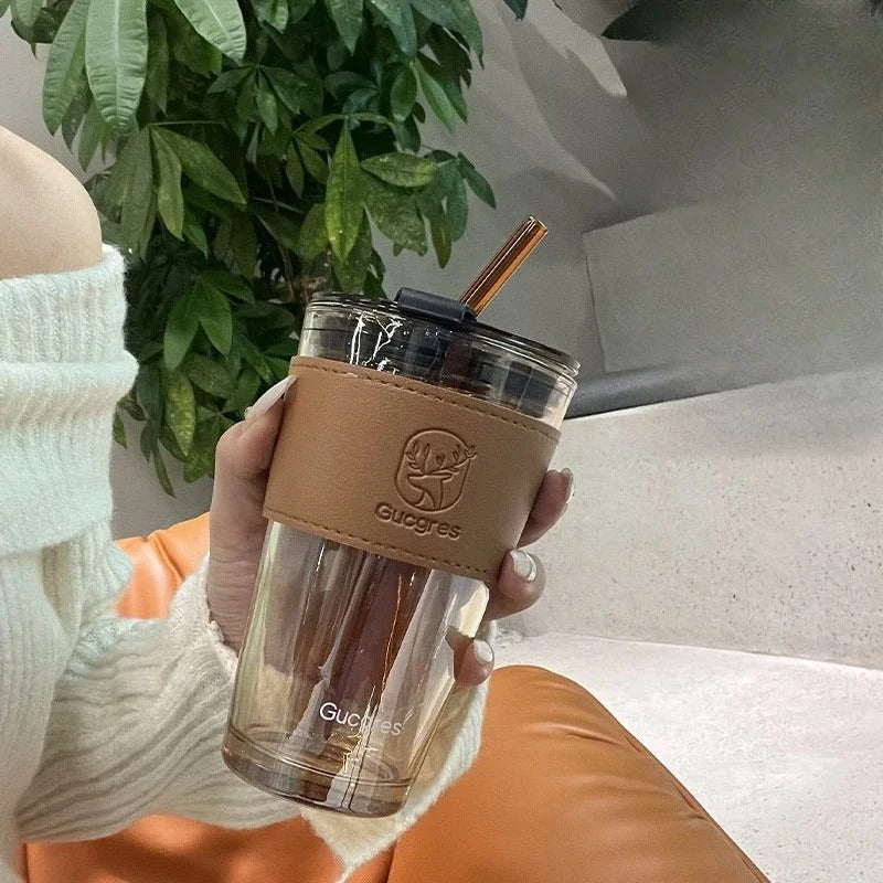 Gucgres Luxury Glass Tumbler - Modern Sipping Cup with Insulated Leather Sleeve & Straw (RANDOM COLOR)