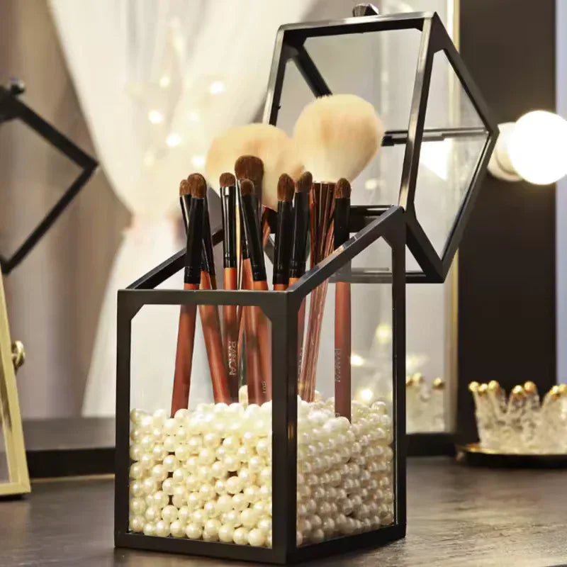 Makeup Brush Storage Box with Decorative Pearls