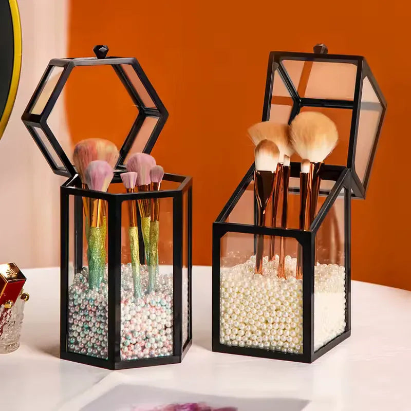 Makeup Brush Storage Box with Decorative Pearls