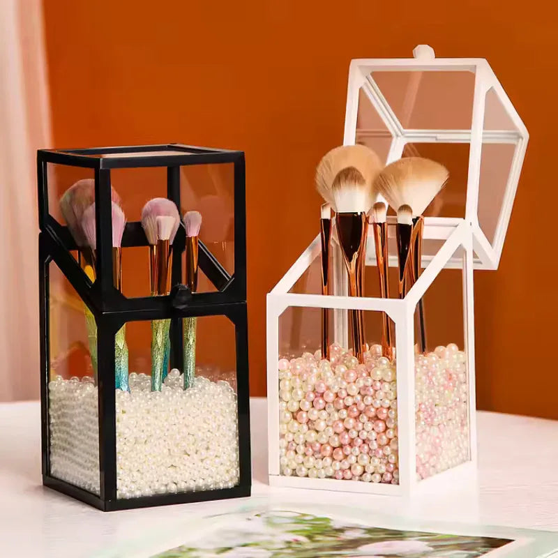 Makeup Brush Storage Box with Decorative Pearls