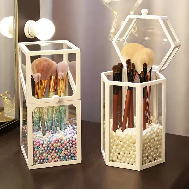 Makeup Brush Storage Box with Decorative Pearls