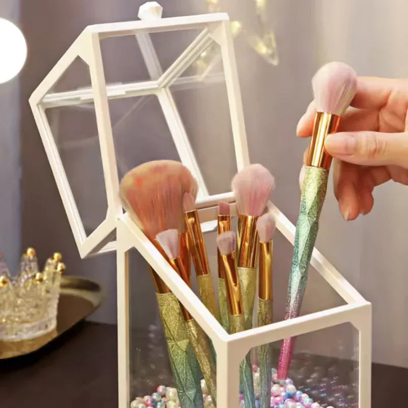 Makeup Brush Storage Box with Decorative Pearls