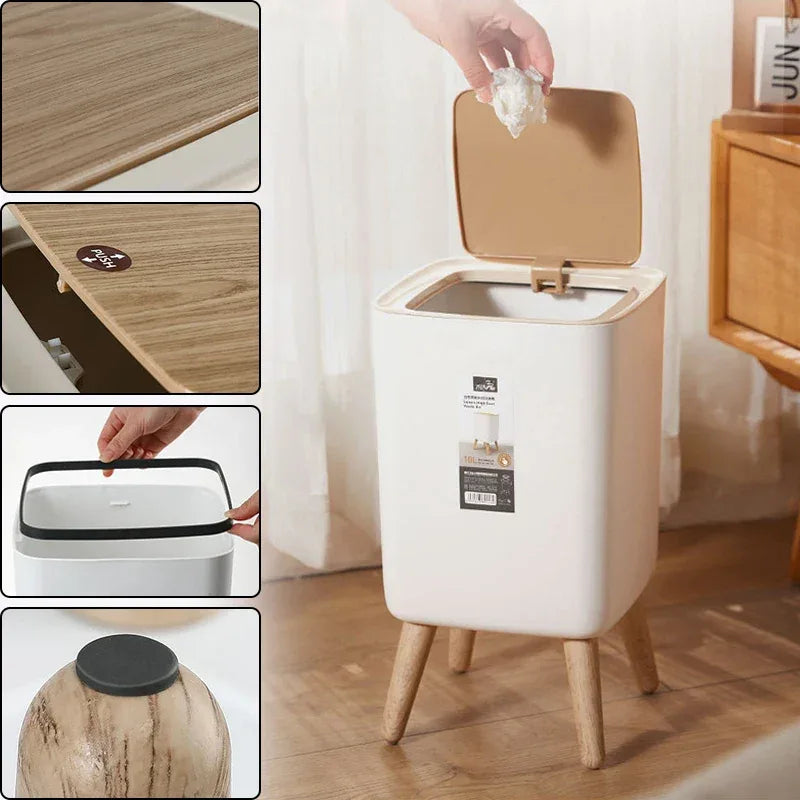 Modern Square Trash Bin with Wooden Lid & Legs