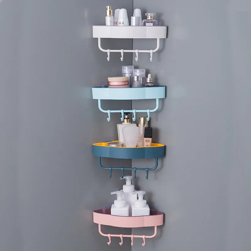 Wall-Mounted Corner Shower Shelf with Hooks