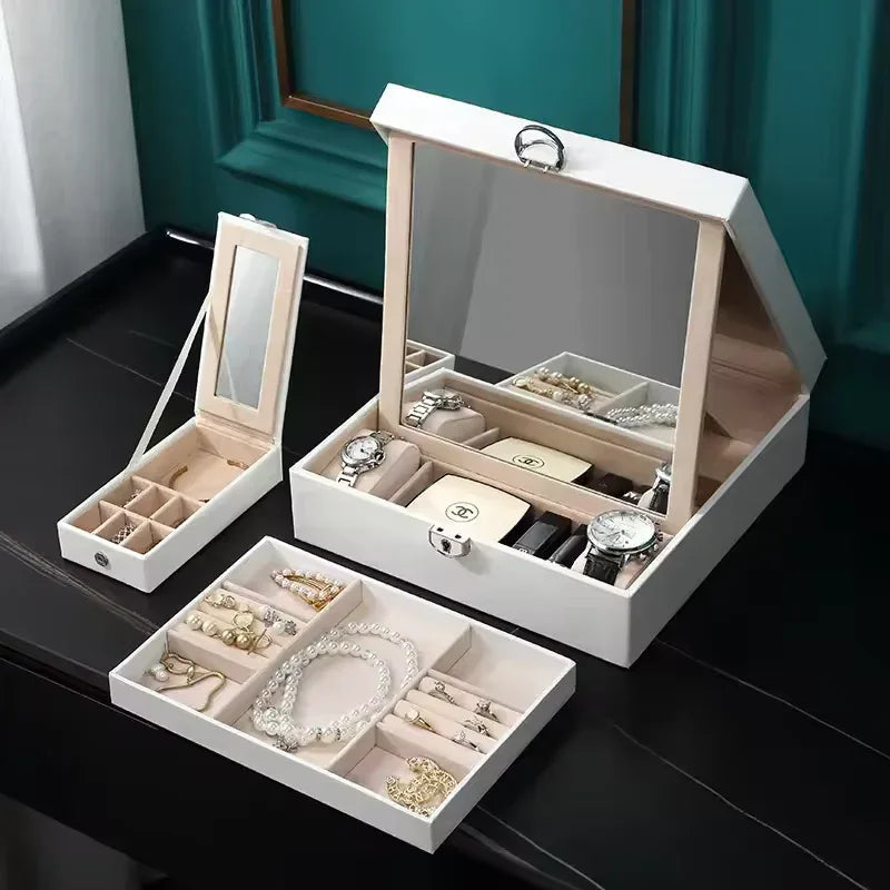 Multi Functional Leather Jewelry Box with Mirror
