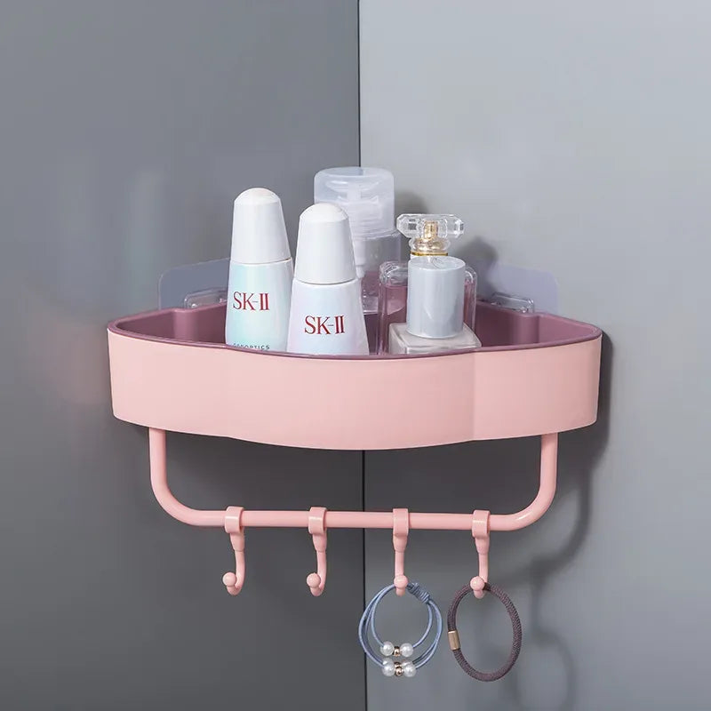 Wall-Mounted Corner Shower Shelf with Hooks