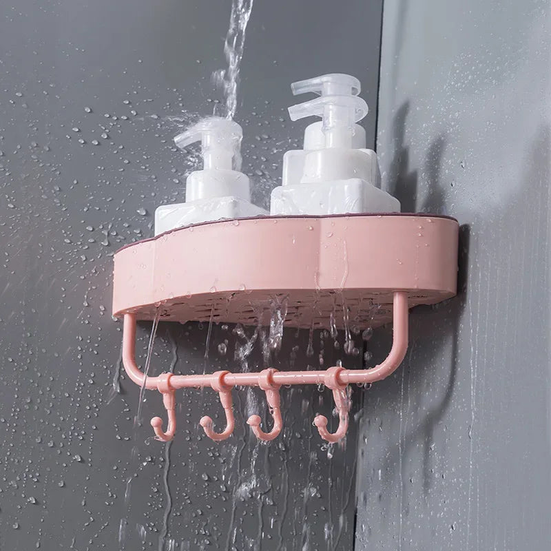 Wall-Mounted Corner Shower Shelf with Hooks