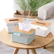 Premium Plastic Tissue Box with Wooden Lid Organizers