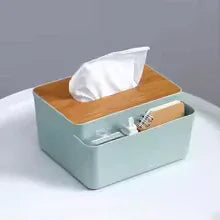 Premium Plastic Tissue Box with Wooden Lid Organizers
