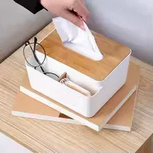Premium Plastic Tissue Box with Wooden Lid Organizers