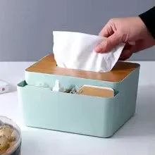 Premium Plastic Tissue Box with Wooden Lid Organizers