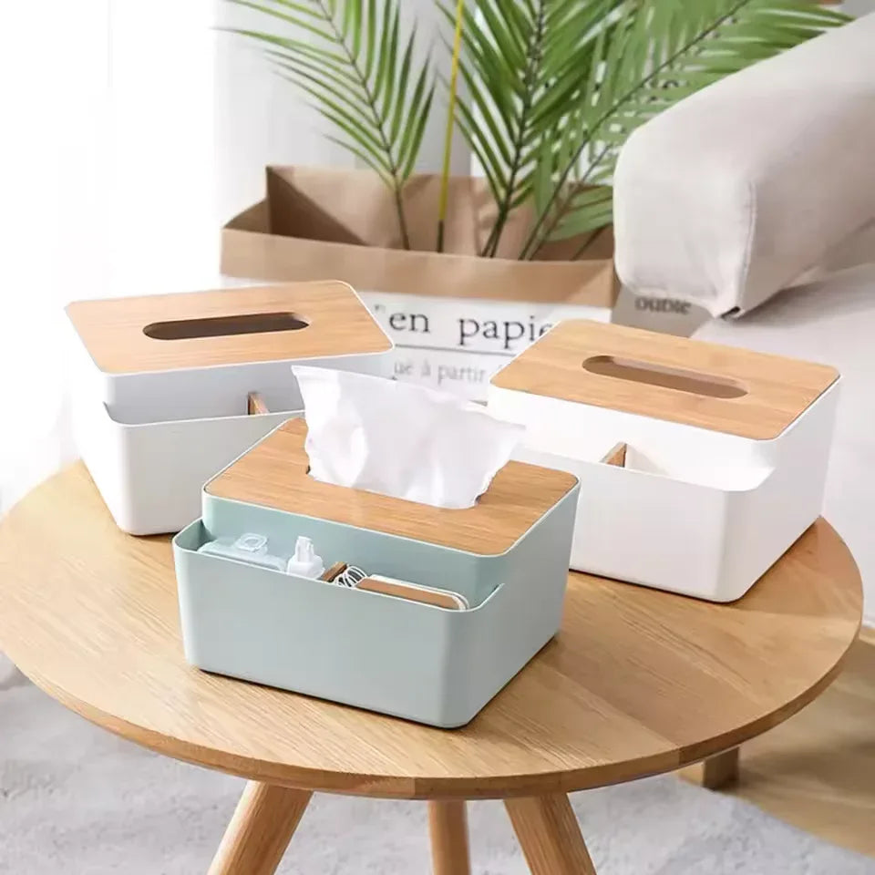 Premium Plastic Tissue Box with Wooden Lid Organizers