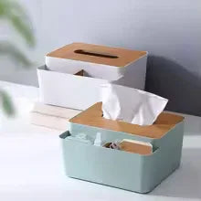 Premium Plastic Tissue Box with Wooden Lid Organizers