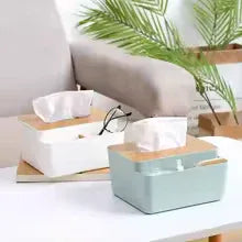 Premium Plastic Tissue Box with Wooden Lid Organizers