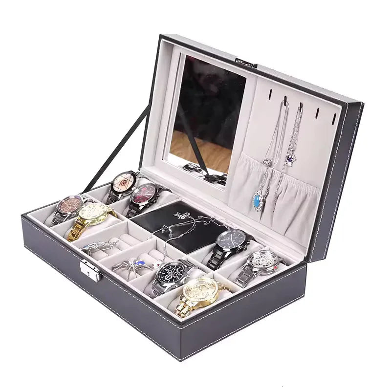 PU Leather 8+3 Watch Box with Jewelry Storage