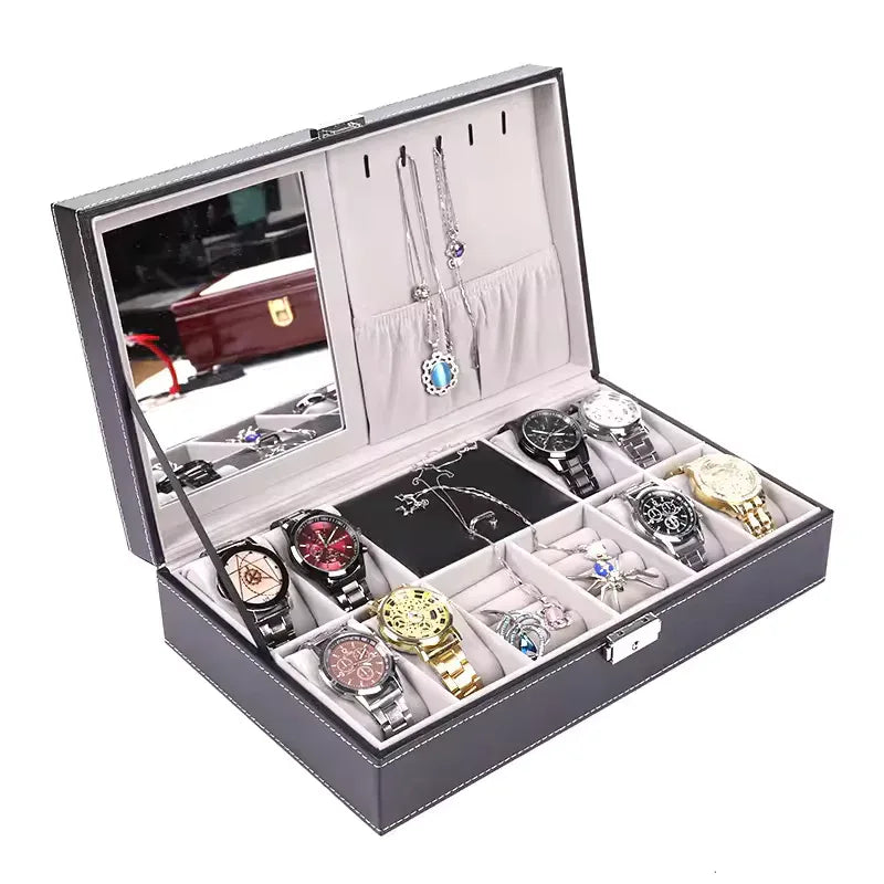 PU Leather 8+3 Watch Box with Jewelry Storage
