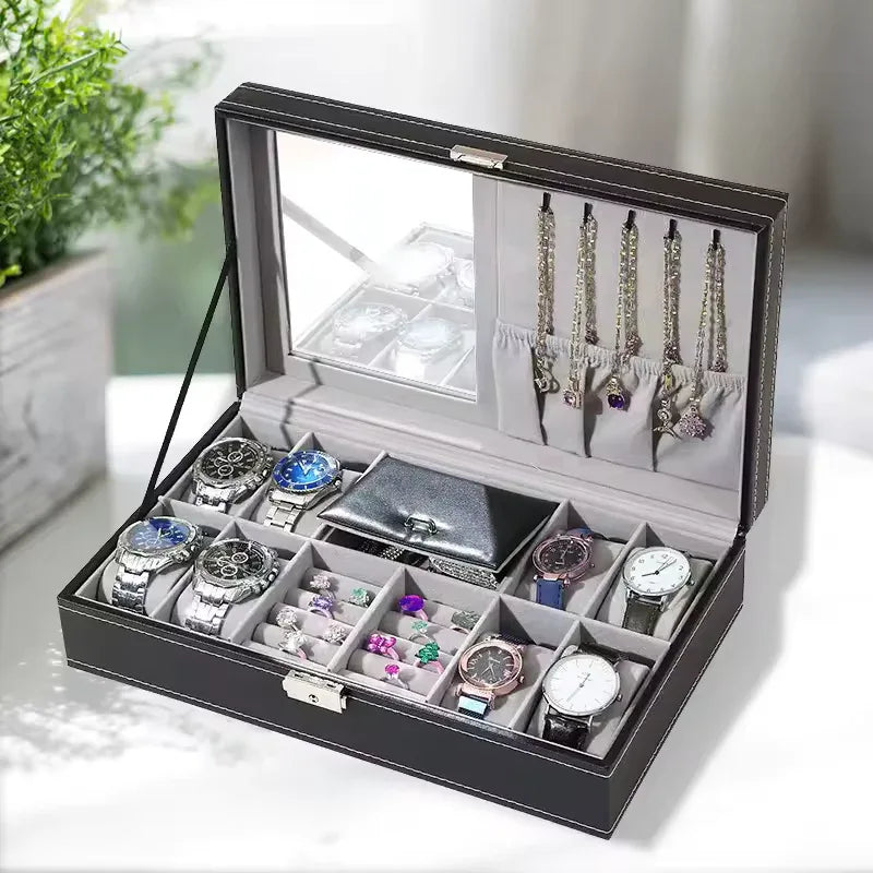 PU Leather 8+3 Watch Box with Jewelry Storage